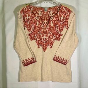 Rebecca Malone Cream and Red Damask 100% Cotton 3/4 Sleeve Top Women's Large